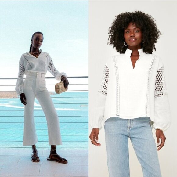 Tuckernuck NEW White Eyelet Jane Long Sleeve Coastal Bohemian Blouse Size M - Picture 1 of 7